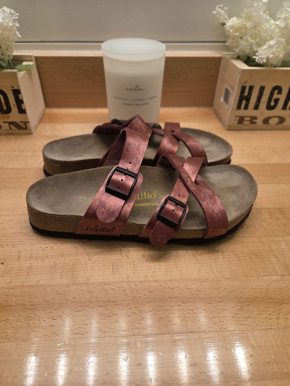 Birkenstock Papillio 245 Red Strappy Buckle Sandals Metallic Womens Size EU 39